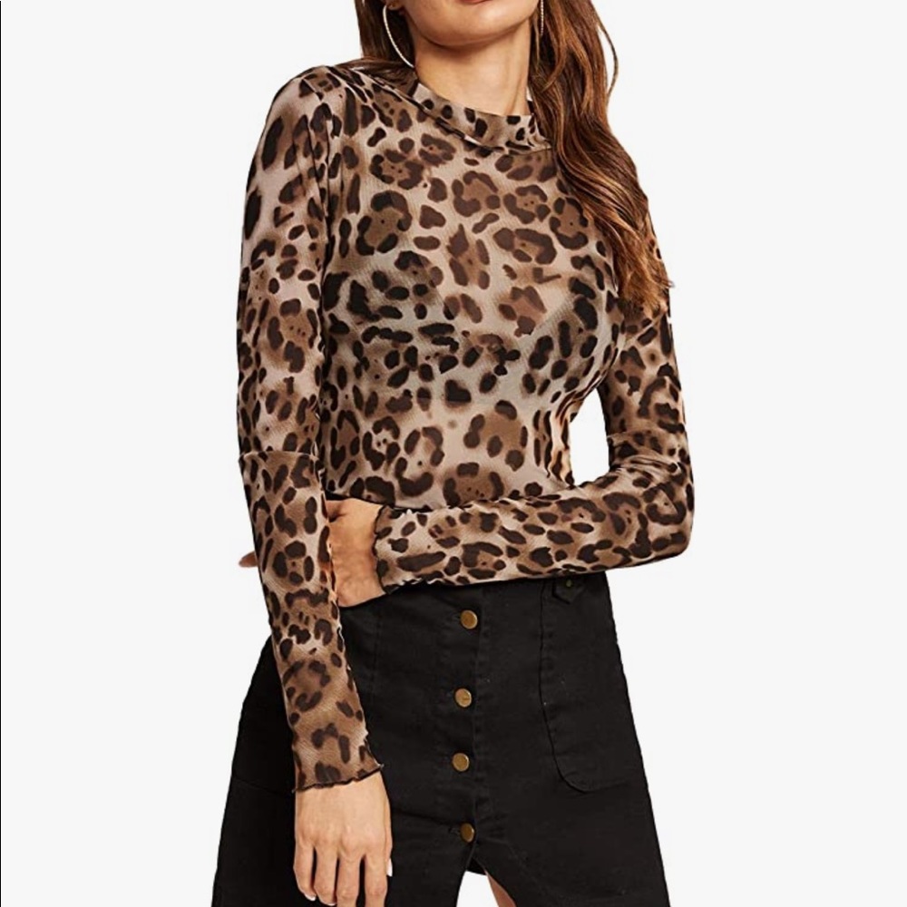 SweatyRocks | Leopard Mesh Long Sleeve Top